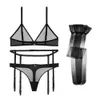 Sexig Lace Ultra Thin Comfortable Wire Free Underkläder Set Kvinnors Tjej Andningsbar Underkläder Bra + Panties + Garter + Strumpor 4Pieces x0526