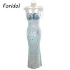 Floral Print Summer Strap Lace Up Sleeveless Long Beach Boho Bodycon Pary French Blue Dress 210415