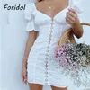 Puffärmel, figurbetontes weißes Kleid für Damen, elegant, gerüscht, Sommer, Strand, kurz, Vintage, V-Ausschnitt, Urlaub 210427