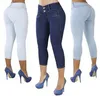 Плюс размер женщин сексуальные повседневные обрезанные брюки сплошной цвет кнопки летать талия тонкие брюки дышащие упругие карандашные брюки 210715