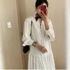 Spring Women's Loose Stand Collar Solid Color Long Sleeve Over Knee Minimalist Ruffles Lace Up Dress Female 210427