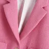 Donna Moda Tweed Casual Trama ritagliata Giacca rosa Tasche estive Giacca monopetto corta Giacca Cappotto Top 210521