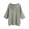 Women Vintage Linen Blend Loose Knitted Hoodies Fashion Hooded Half Sleeves Leisure Female Pullovers Chic Tops 210521