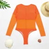 Långärmad baddräkt mesh baddräkt vadderad monokini bikini orange simning kostym Iben beach wear damer Biquini 210712