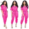 Neon Solid Sportwear Femmes Deux Pièces Tenues À Manches Courtes Zip Veste Top + Pantalon En Maille Streetwear Survêtement Femmes Ensembles Assortis 210709