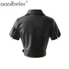 Summer Pu Leather Short Sleeve Vintage Sashes And Jacket Biker Jacket Zipper Cropped Black 210604