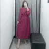 Elegante vestido sólido para mujer moda Chi frente anudado Midi Casual señoras manga larga plisado A-line vestido femenino Vestidos 210414