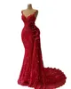 Aso Ebi Vermelho Vermelho Luxuoso Vestidos de Noite de Sereia Sheer Neck Ruffles Lace Frisado Prom Festa Formal segundo vestidos de recepção