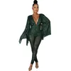 Kvinnor Sexig Jumpsuit Sequined Sparkle Glitter Flare Sleeves Bodycon Deep V Neck Black Green Clubwear Night Out Kvinna Stor storlek 210416