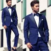 2022 Mode Slim Fit Blue Groom Tuxedos Mens Bröllopsdukar Party Wear Prom Set Två stycken (Jacka + Byxor) Brudgroom Formell Wear Män Business Suit