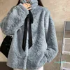 Kobiet bawełna Vintage Faux Rabbit Fur Coats Lace-Up Teddy Zagęścić Ciepłe Luźne Kurtki Futrzany Elegancki Słodki Koreański Odzież wierzchnia Y1217