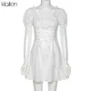 KLALIEN Fashion Elegant Bow White Female Mini Dress Summer Party Birthday Festival Cute Sexy French Romantic Silk Dress Women 211029