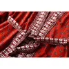 Осенние Boho V-образные шеи красный цветочный принт длинные кимоно рубашка кисточка кисточка шнуровка створки рукав кардиган праздник блузка свободно 210429