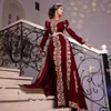 2022 Vintage Moroccan Kaftan Mermaid Evening Dresses With Detachable Overskirt Arabic Muslim Women Winter Full Sleeve Lace Beaded Formal Occasion Gowns Prom