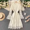 Neploe Lace Hollow Out Design Elegant Dress Women O Neck Flare Long Sleeve Solid Vestidos High Waist Hip A Line Long Robe Spring 210423