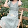 V Yaka Vintage Zarif Elbise Kadın Puf Kollu Çiçek Baskılı Elbise Yay Tasarım Elbise Kore Yaz Ofis Lady 210521