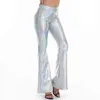 Sexy PU Leather Metallic Pants Shiny Holographic Flare Women Girls Bodycon Elastic Waist Bell Bottom Trousers Clubwear 211124