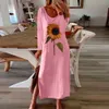 Plus storlek höst långärmad strand maxi klänning kvinnor solros print boho lång klänning casual o-neck split party dresses robe femme 210507