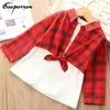 Moda meninas roupas conjunto de manga longa camisa de blusa e vestido branco para 1-6years crianças velhas cute bebê menina roupa desgaste 210508