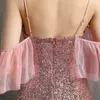 2022ピンクオフショルダーパーティードレス女性セクシーなストラップスパンコールイブニングドレス長いウエディングドレス
