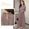 Chiffon Floral Print Women Spring Soft Midi Party Dress Long Sleeve Empire Stand Collar Elagant Vestidos 8801 50 210417