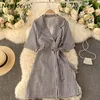 Neploe Vintage Plaid Arbeit Stil Ol Kleid Frauen Hohe Taille Hüfte Schärpen Eine Linie Schlanke Vestidos Drehen Unten Kragen Kurzarm robe 210423