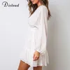 Dicloud Sexig Plunge V Neck Women's Summer Dress White Lace Long Sleeve Mini Wedding Party Dress Ruffle Elegant kläder 210706