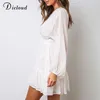 Dicloud sexy duik v nek dames zomerjurk witte kanten lange mouw mini bruiloft feestjurk ruche elegante kleding 210706