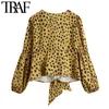 TRAF Mulheres Moda Com Laço Amarrado Leopardo Imprimir Blusas Vintage Vintage V Pescoço Manga Longa Camisas Femininas Blusas Chic Tops 210415