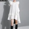 Kadınlar için Moda Elbiseler Yaz Kolsuz O Boyun Fırfır Düzensiz Lady Mini Elbise Rahat Katı Büyük Salıncak Vestidos Cortos 210513