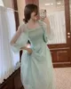 Taze Tatlı Nane Yeşil Kare Boyun Polka Dot Mesh Elbise Kadın Puf Uzun Kollu Patchwork Moda Kore Chic Vestidos Mujer Slim 210610