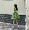 Summer Green Women's Plaid Sexy Dress Sukienka Puff Sleeve V-Neck A-Line Vintage 210514