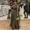 2021 Sexy Arabic One Shoulder Olive Green Muslim Prom Dresses with Cape Long Sleeves Dubai Women Evening Party Gowns Dress Elegant2603170