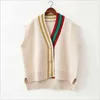 Kvinna Mode Lös Vest V-Neck Button Sweater Open Stitch Casual Striped Cardigan 211120