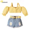 1-5Y Summer Mode Enfant Kid Girl Vêtements Set Off Épaule Rayé Tops Denim Shorts Jeans Tenues Chidren Costumes 210515
