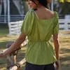 Femmes Blouse D'été Sexy Col En V Puffer À Manches Courtes Vert Sauge Chemise De Mode Froissé Slim Chemises Blusas Dames 210517