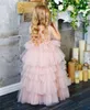 À plusieurs niveaux Tulle Rose Fleur Filles Robe Cheville -Longueur Sans Manches Princesse Enfants Robe De Bal Volants Longues Pageant Robes Vestidos