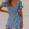 Vintage Daisy Print Casual Blue Women Summer Country Style Hollow Out Boho Dresses Fashion Asymmetry Mini Dress 210414