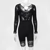 NewAsia Garden Lace Bodysuit Langarm Mesh Durchsichtig Sexy Jumpsuit Frauen V-Ausschnitt, figurbetonter Strampler Plus Size Black Playsuit 210413