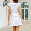 Foridol Ruffle Manga V Neck Branco Envoltório Branco Vestido Mulheres Verão Em Camadas Curtas Vestido de Algodão Beach Sem Mangas Sundress Vestidos 210415