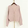 Suéter de punto para mujer, abrigo abotonado, chaqueta rosa con cuello en V y cárdigans, Poncho con manga acampanada, casaco femenino 210430