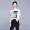 Sommer Frauen Casual Print Patchwork Satin Hemd Mode Tops Tees Rayon T-shirts Oansatz Lose Oansatz Kurzarm T-shirts 210330