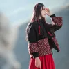 Johnature Women Vintage Belt Jackor Skriv ut Floral Patchwork V-Neck Seven Sleeve Coats Höst Kinesisk Stil Jackor Coat 210521