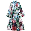 Frühling Runway Kontrast Blumenhemd Kleid Frauen Langarm Bowknot Dots Rose Blume Drucken Schärpen Urlaub Midi Kleider 210416