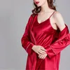 Women Sleepars Seksowną szatę Zestawy piżamowe lodowe jedwabne rękawie Sling Nocne rękaw Nocna sukienka Nighties Autumn Solid Lingere Set2024