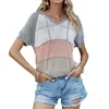 Summer Women Mesh Contrast Color Patchwork T Shirt Shirring Hooded Knitted V Neck Ladies Tee Shirt Casual Office Streetwear Tops 210608