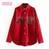 Red Denim Jas Vintage Heldere Diamant Fineded Onregelmatige Fray Damesjas Revers Lange Mouw Harajuku Chic Losse Vrouwelijke Tops 210507