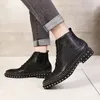 Winter Pointed toe Black Men boots Handmade Fashion Genuine leather Rivet Ankle Boots