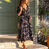 Uzun Kollu Çiçek Baskı Gömlek Elbiseler Kadınlar Down Yaka Şifon Plaj Elbise 2020 Sonbahar Artı Boyutu Zarif İş Giyim Elbise