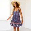 Women Dress Deep V Neck Bohemia Print es Backless Sling Flower Sexy Loose Short Beach es Summer 210524